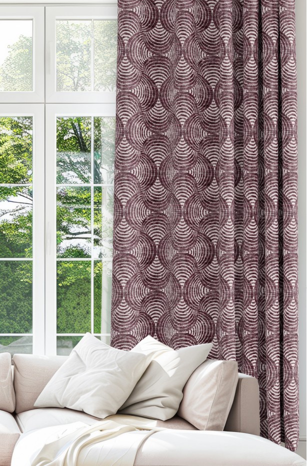 Geometrik Çember Desenli Bordo Renkli Dijital Baskılı Modern Fon Perde - 140x270 cm