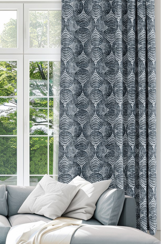 Geometrik Çember Desenli Mavi Renkli Dijital Baskılı Modern Fon Perde - 140x270 cm