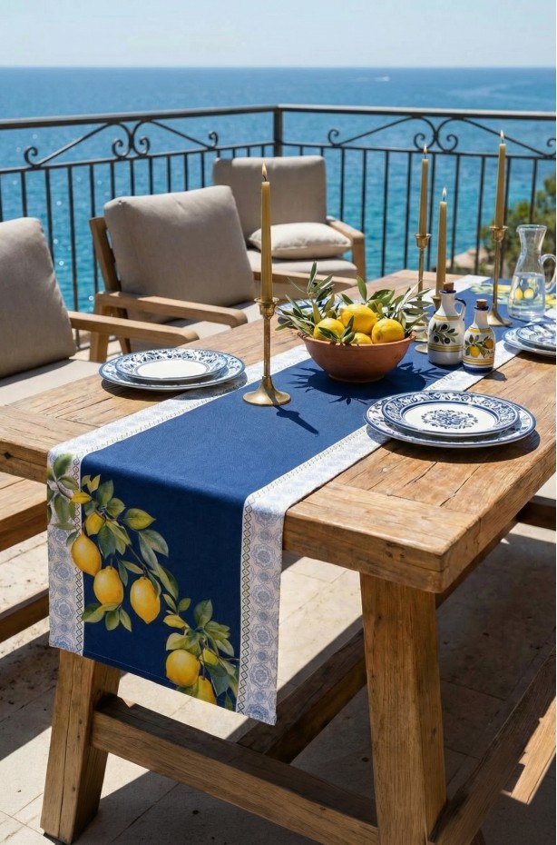 CANİLA EPHESUS Limon Deseni Lacivert Detaylı Runner 45 x 145 Cm 1 ADET ( EPHESUS R1 )