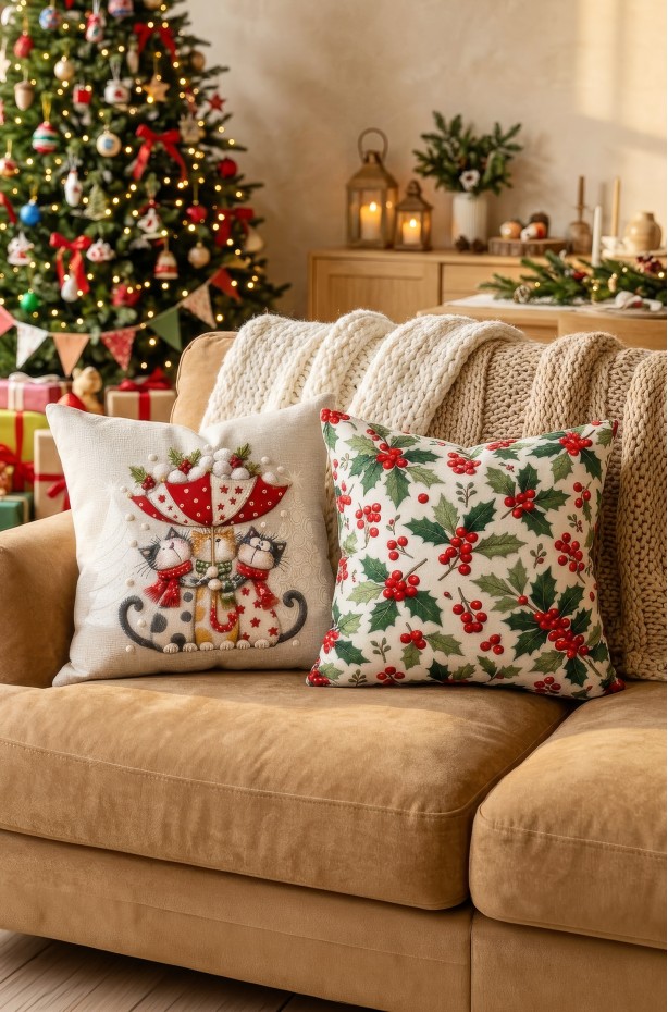 Dijital Baskılı Kedi Desenli Kırlent Kılıfı.  Yılbaşı Dekor Çift Taraflı KIRLENT KILIFI 43x43cm 2'li SET ( NOEL162 )