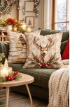 Dijital Baskılı Yeni Yıl Kırlent Kılıfı. GEYİK Yılbaşı Desenli Çift Taraflı Kullanım 43x43cm 2'li SET ( NOEL165 )