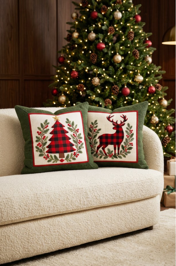 Dijital Baskılı Ekose Ağaç Desenli Kırlent Kılıfı. Yılbaşı Dekor Çift Taraflı KIRLENT KILIFI 43x43cm 2'li SET ( NOEL169 )