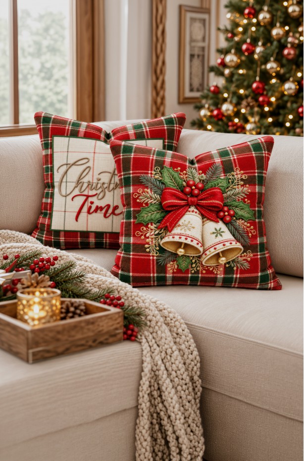 Dijital Baskılı Zil Desenli Kırlent Kılıfı. Yılbaşı Dekor Çift Taraflı KIRLENT KILIFI 43x43cm 2'li SET ( NOEL170 )