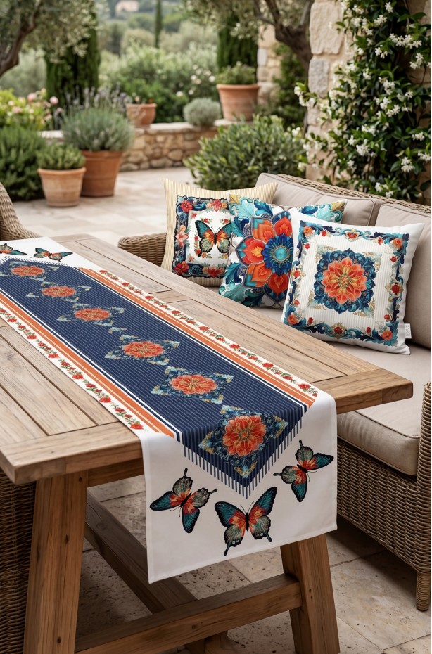 CANİLA BUTTERFLY kelebek ve Çiçek Desenli Modern Detaylı Runner 45 x 145 Cm 1 ADET ( BUTTERFLY R1 )