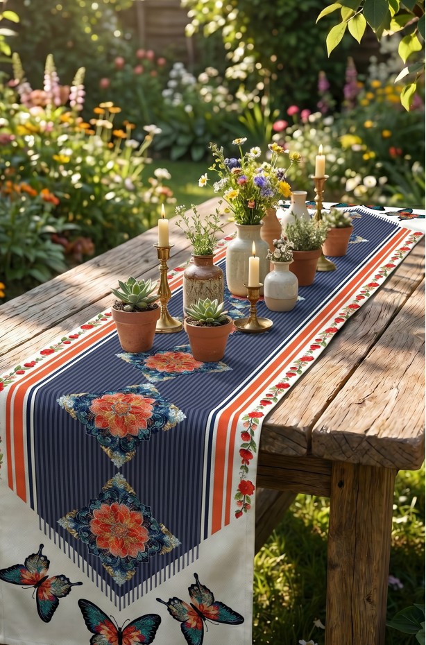CANİLA BUTTERFLY kelebek ve Çiçek Desenli Modern Detaylı Runner 45 x 145 Cm 1 ADET ( BUTTERFLY R1 )