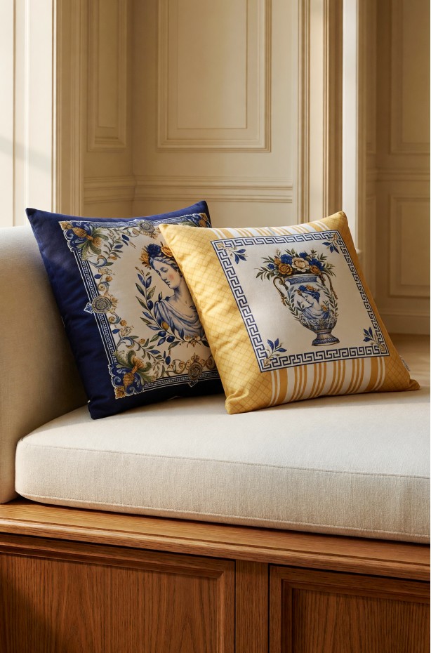 CANİLA JUAN Sarı Yunan Desenli Kare Kırlent Kılıfı 43 x 43 Cm Çift Taraflı Kırlent Kılıfı 1 ADET ( JUAN 3 )