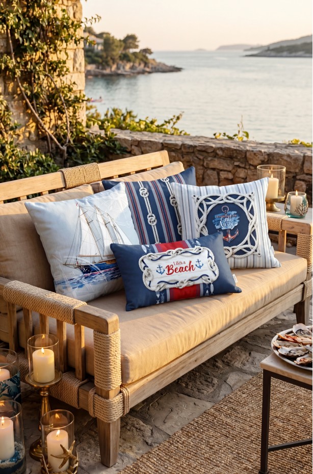 CANİLA MARİNE Beach Desenli Lacivert, Beyaz DİKDÖRTGEN Kırlent 33 x 53 Cm Çift Taraflı Kırlent Kılıfı 1 ADET ( MARİNE 4 )