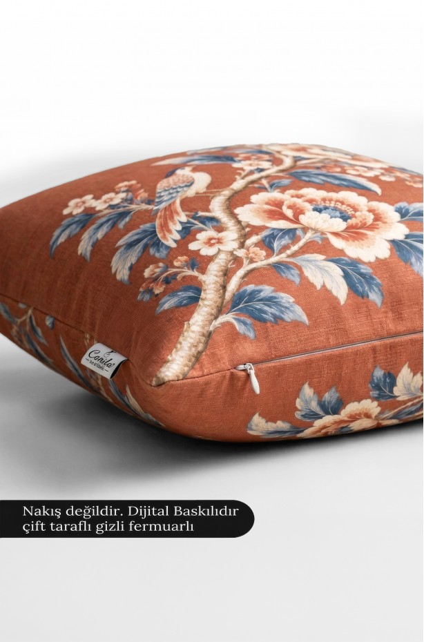 SAFİR Dijital Baskılı Kiremit Kuş Desenli Kare Kırlent Kılıfı 43 x 43 Cm Çift Taraflı Kırlent Kılıfı 1 ADET ( SAFİR 3 )