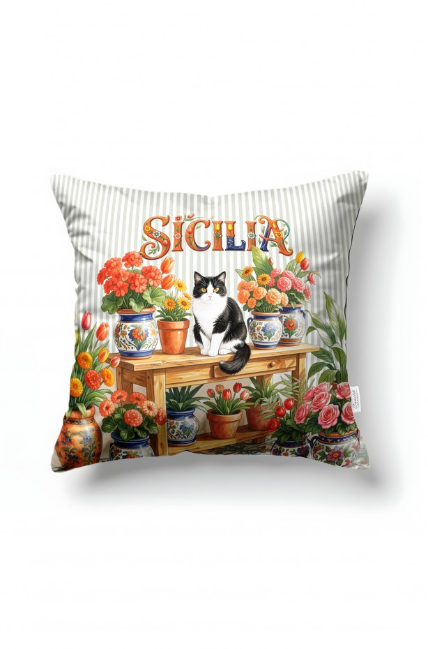 CANİLA SİCİLİA Kedi Desenli Çiçekli Kare Kırlent 43 x 43 Cm Çift Taraflı Kırlent Kılıfı 1 ADET ( SİCİLİA 1 )