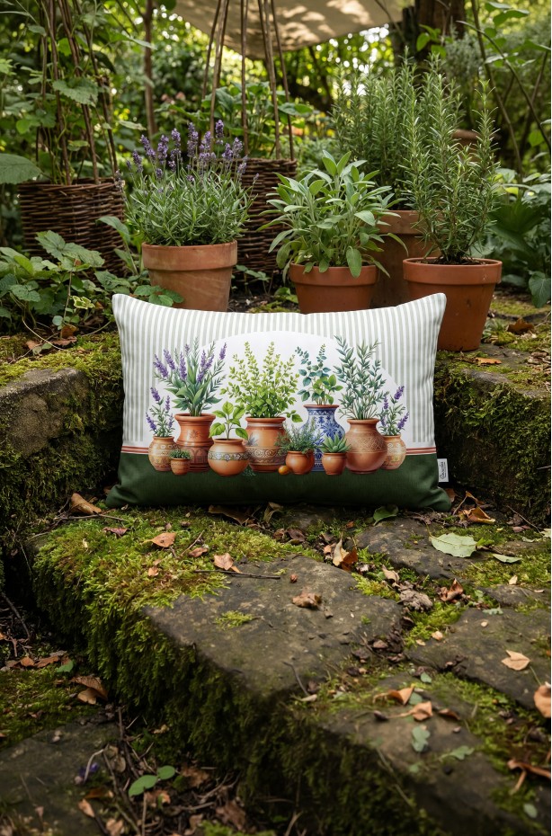 CANİLA SİCİLİA Saksı Motifli Yeşil Dikdörtgen Kırlent 33 x 53 Cm Çift Taraflı Kırlent Kılıfı 1 ADET ( SİCİLİA 4 )