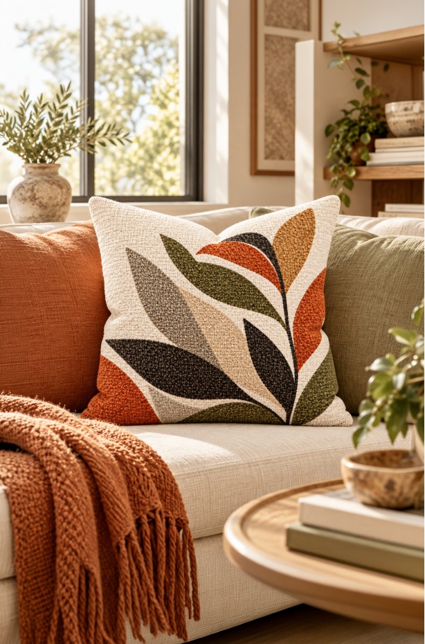 Dijital Baskılı Yaprak Desenli Kare Kırlent Kılıfı 43 x 43 Cm Çift Taraflı Kırlent Kılıfı 1 ADET ( TERRA 1 )