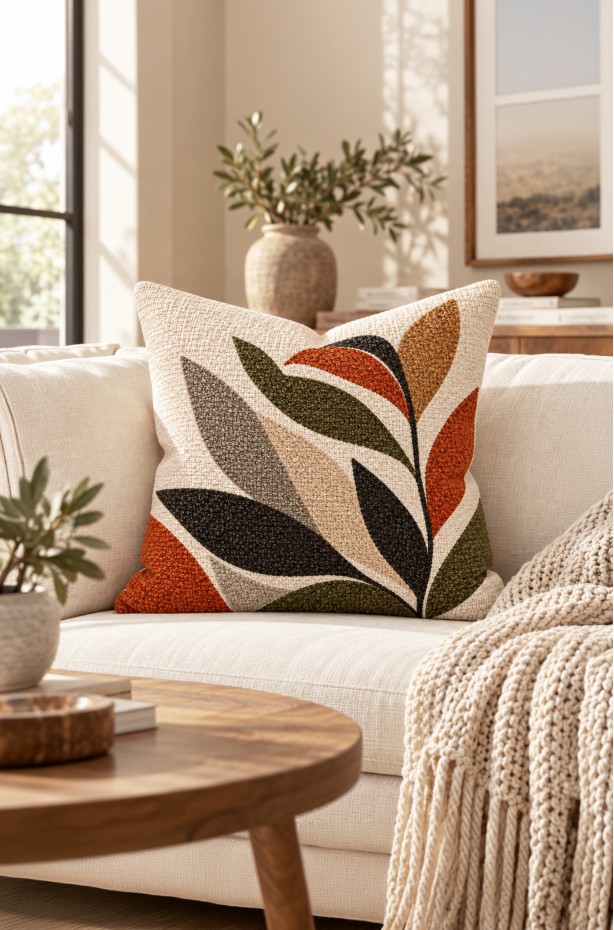 Dijital Baskılı Yaprak Desenli Kare Kırlent Kılıfı 43 x 43 Cm Çift Taraflı Kırlent Kılıfı 1 ADET ( TERRA 1 )