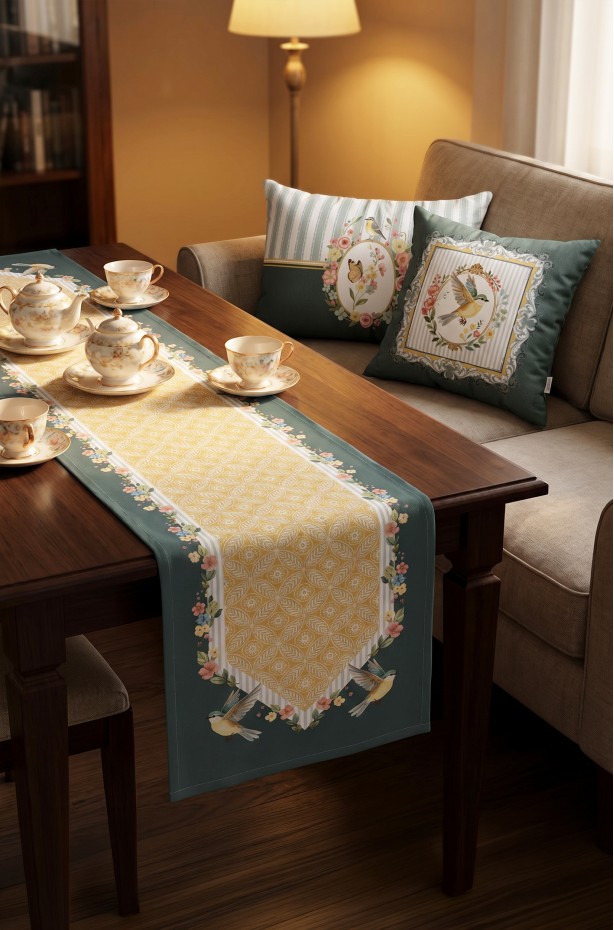 Kuş Studio Masa Runner. 45 x 145 cm 1 Adet Dikişli Runner 1 ADET ( KUŞ R1 )